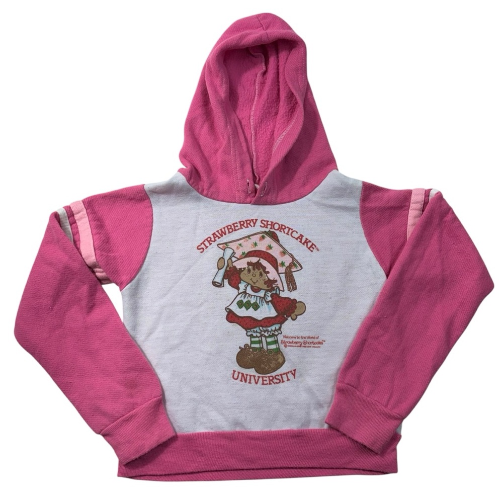 Strawberry Shortcake University Vintage 1990s Pink Hoodie Sweatshirt Youth Kids